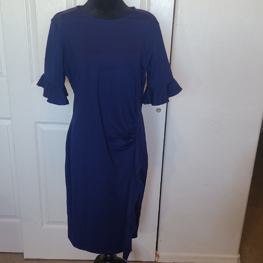 Blue Ruched Sheath Midi Dress with Flutter Sleeves